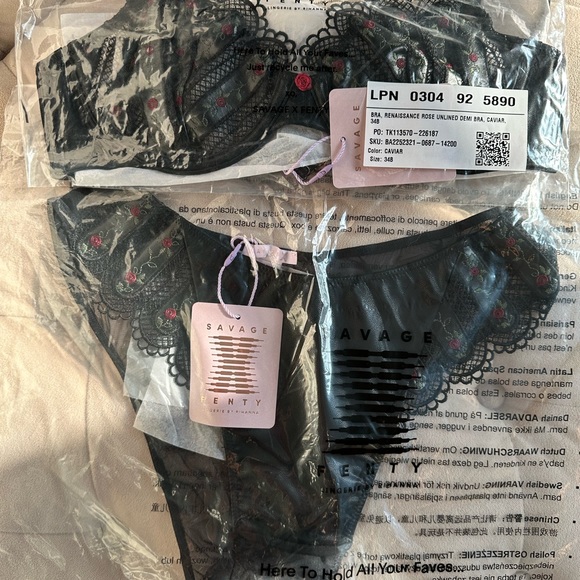 Savage X Fenty Black Caviar Renaissance Rose Unlined Demi Bra & Brazilian Panty - Picture 13 of 16